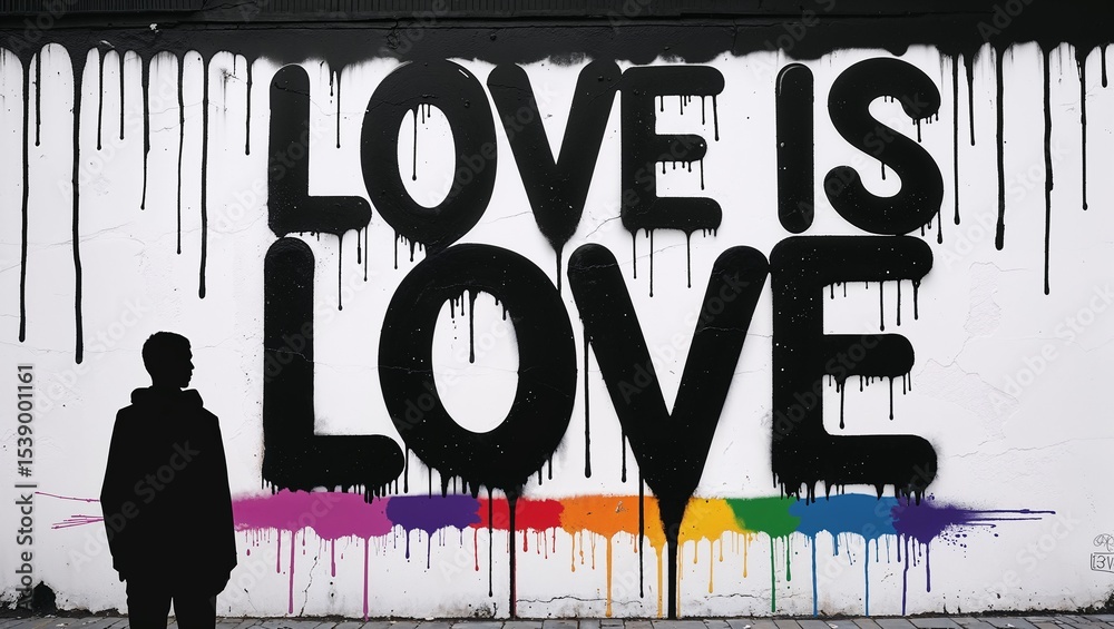 Fototapeta premium Inspirational street art mural promoting LGBTQ+ equality, featuring bold black graffiti 'LOVE IS LOVE' over rainbow paint, urban wall, and solitary silhouette figure symbolizing freedom and pride.