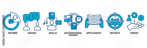 Job fair icon set vector illustration concept for employee recruitment and onboarding program with an icon of the information, advice, skills, occupational, applicants, recruit, and hiring