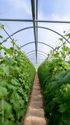 Lush cucumber plants growing in a long greenhouse under transparent ceiling, healthy green leaves and sunlight, agriculture industry.