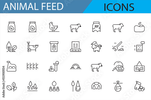 Minimalist Icons Featuring Animal Feed Bags, Livestock, and Veterinary Tools