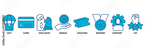 Loyalty program icon set vector illustration concept with icon of gift, card, exclusive, bonus, voucher, reward, support, vip