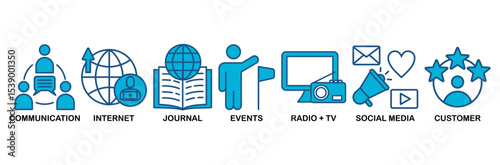 Public relations icon set vector illustration concept with icon of communication, internet, journal, events, radio, tv, social media, and customer�