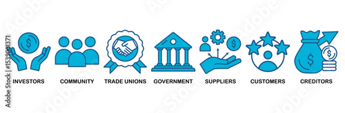 Stakeholder relationship icon set vector illustration concept for stakeholder, investor, government, and creditors with icon of community, trade unions, suppliers, and customers