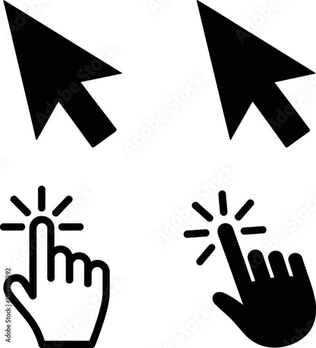 A graphic featuring two cursor icons and two hand icons clicking on a white background