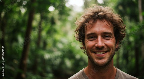 Happy man smiling widely in a lush, green forest environment.