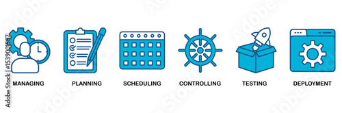 Release management icon set vector illustration concept with icon of managing, planning, scheduling, controlling, testing and deployment