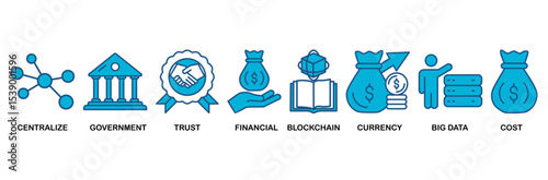 CBDC icon set vector illustration concept of central bank digital currency with icons of centralize, government, trust, financial, blockchain, currency, big data and cost