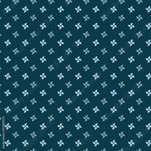 Small white flowers pattern doodle shapes motif continuous blue background. Modern floral fabric design textile swatch ladies dress, men's shirt all over print block.