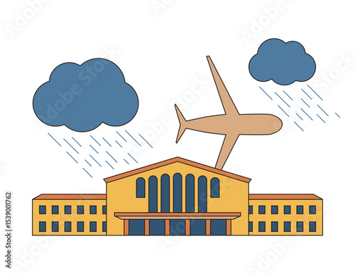 National airport line illustration. Big passenger airplane and airport building. Sky with clouds and rain. Linear modern, trendy vector banner. Bad weather