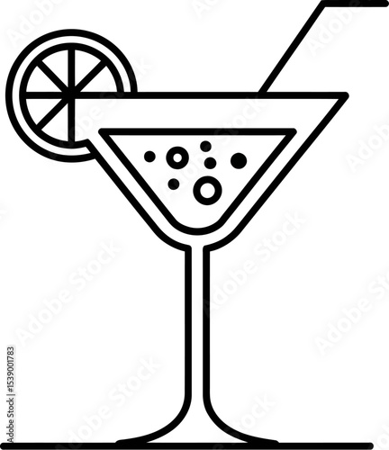 Outline drawing of a cocktail glass with a straw and a citrus fruit garnish slice
