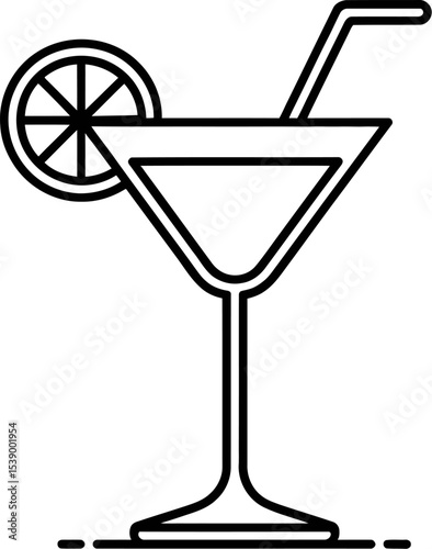 A minimalist line drawing of a martini glass with a lemon slice and a straw on white