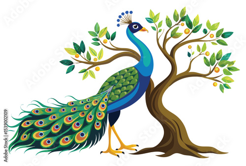 Peacock Bird on Tree Vector Illustration, Elegant Peacock Perched on Tree Vector Exotic Bird Art for Nature Wildlife