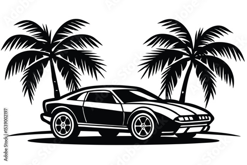Tropical Getaway Classic Sports Car Under Palm Trees