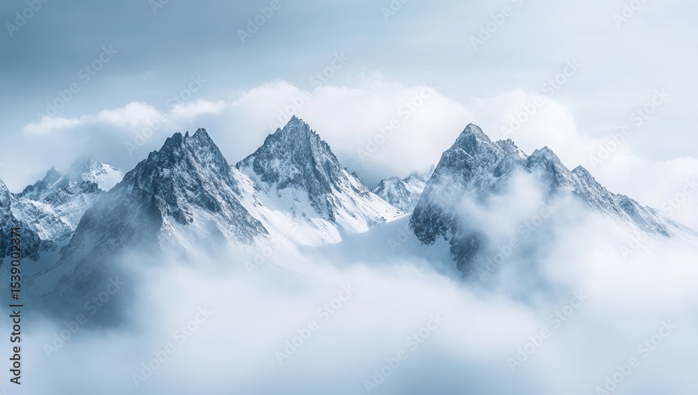 Obraz premium A panoramic view of snow-covered mountains, their peaks piercing through the clouds, creating an awe-inspiring landscape. High-contrast photography captures every detail in stunning clarity. Shot