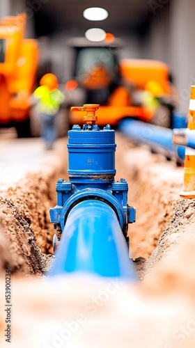 Blue pipe installation, trench, construction site, valve, machinery