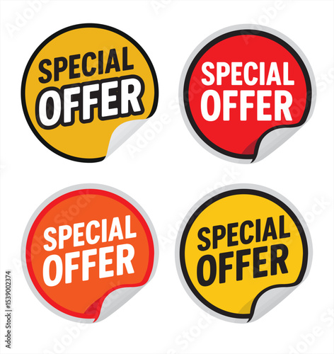 Set of four vibrant circular stickers with "SPECIAL OFFER" text in bold white, featuring yellow, red, and orange colors with a peeled edge effect.