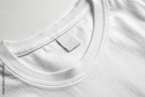 T-shirt tag mockup. Minimalist tagless label design on a white t-shirt neckband, perfect for showcasing apparel branding or clothing details in photography.