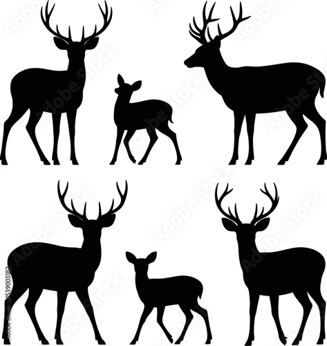 Silhouette illustration featuring multiple deer and fawns in various poses on white