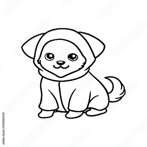 line art illustration of a cute puppy wearing a hooded outfit