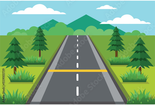 Asphalt road with green grass on both sides vector scene highway landscape road illustration
