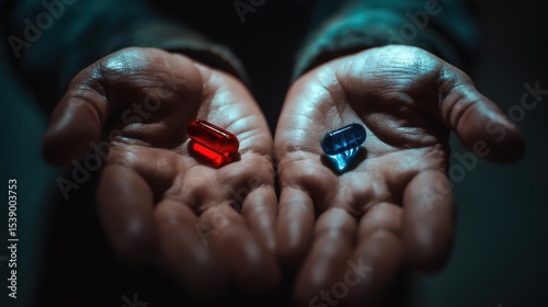 Two hands hold contrasting pills-a red capsule in one and a blue capsule in the other-symbolizing choice, duality, or moral dilemma against a dark, moody backdrop