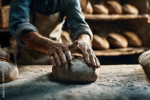 A baker's hands gently shape a loaf of dough, dusted with flour, in a rustic kitchen filled with freshly baked bread