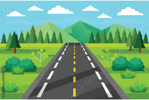 Asphalt road with green grass on both sides vector scene highway landscape road illustration
