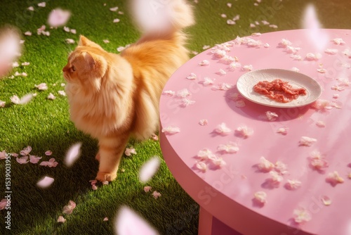 Fluffy orange cat on grass curiously eyes a plate of raw meat on a pink table scattered with flower petals-bright, whimsical springtime setting