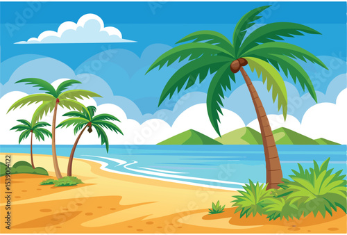 Tropical beach background with sand and palm trees vector art for summer design and vacation scenes