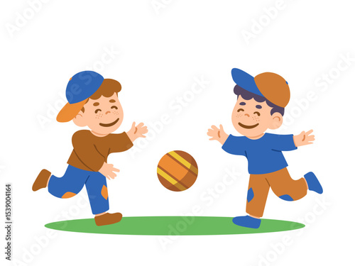 Two happy brothers playing with ball, cheerful boys having fun outdoors, vector cartoon illustration, childhood and sibling bonding