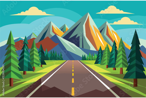 Asphalt road with mountain on both sides vector scene highway landscape road illustration