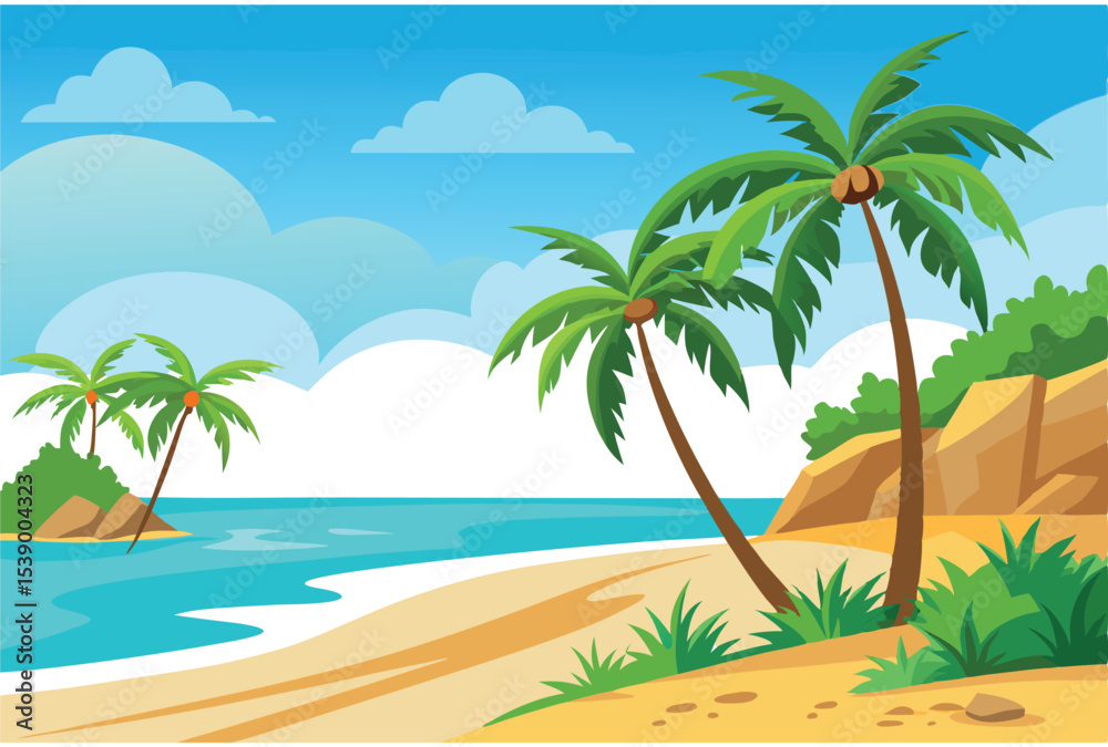 Obraz premium Tropical beach background with sand and palm trees vector art for summer design and vacation scenes