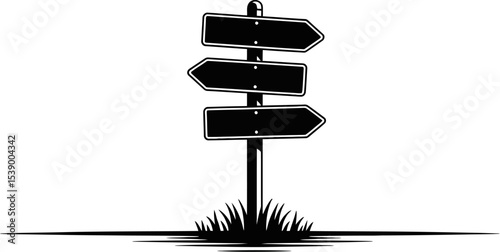 A black and white illustration of a directional sign with three arrows pointing out