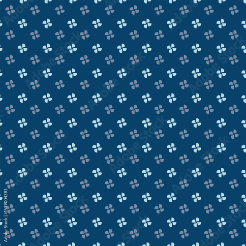 Small white flowers pattern doodle shapes motif continuous blue background. Modern floral fabric design textile swatch ladies dress, men's shirt all over print block.