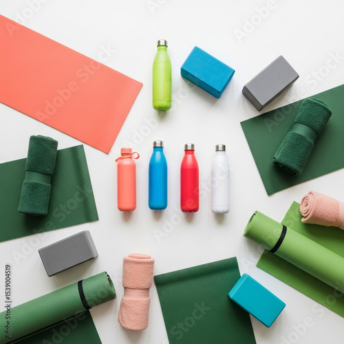 Top-down view of yoga mats with water bottles, blocks, and rolled towels. Clean flat lay with white background.