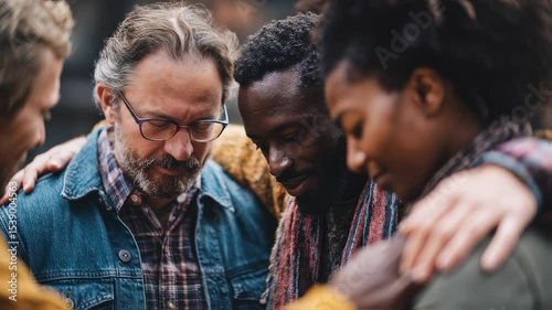 Multiethnic group forming supportive circle, holding hands and praying together, reflecting shared spiritual connection and community devotion