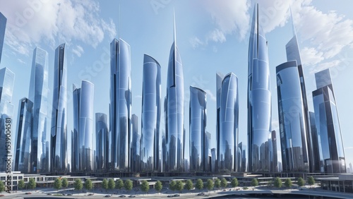 Modern futuristic skyline with tall skyscrapers