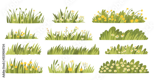 Collection of Cartoon Grass Patches with Flowers Green Grass Borders with White and Yellow Flowers Vector Illustration on White Background