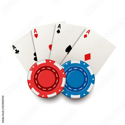 Playing cards and chips. Casino illustration. Vector 3d illustration