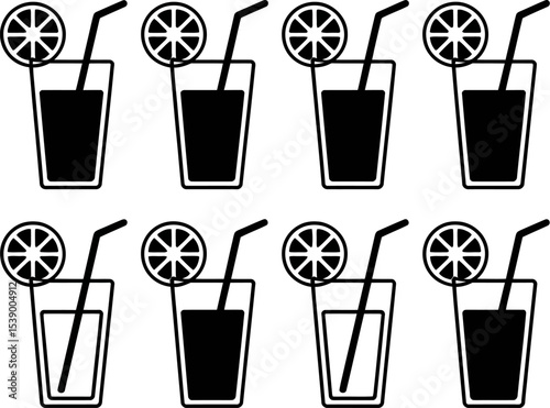 A repeating pattern of eight glasses filled with liquid, straws, and citrus slices