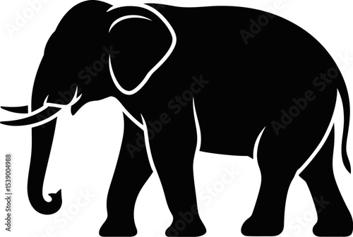 A black silhouette of an elephant standing against a plain white background view