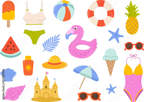 Summer set with swimwear, beach toys, fruit, seashells, sunglasses. Rest time, vacation. For summer decorations and travel themes