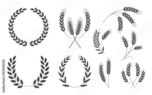 Elegant Wheat and Laurel Wreath Vector Silhouettes for Logo Design Invitations and Branding with a Minimalist Aesthetic