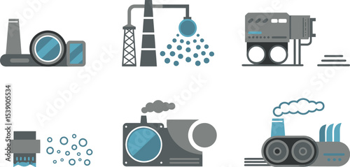 Industrial factory pollution vector illustration set of manufacturing plant and smoke stack icons editable stock vector illustration