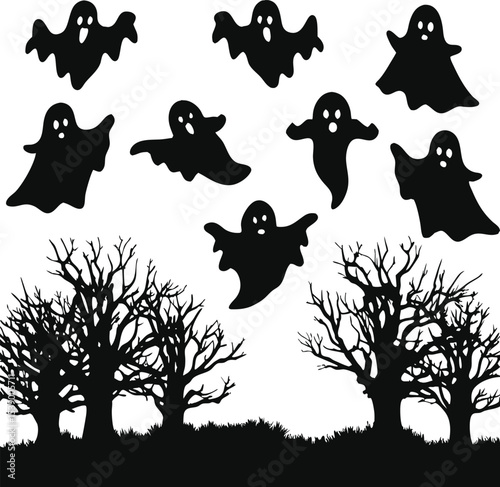 Spooky Halloween Night Scene with Ghosts and Bare Trees in Silhouette