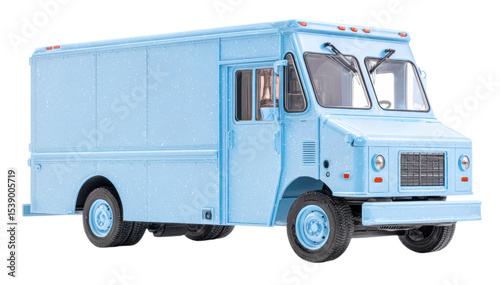 A light blue delivery van with a boxy design, featuring large side panels, front windshield wipers, and black tires.
