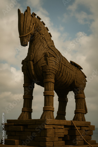 Large wooden trojan horse monument standing on a stone platform under cloudy sky with carved armor details historic mythological presence dramatic ancient legend and travel landmark mood