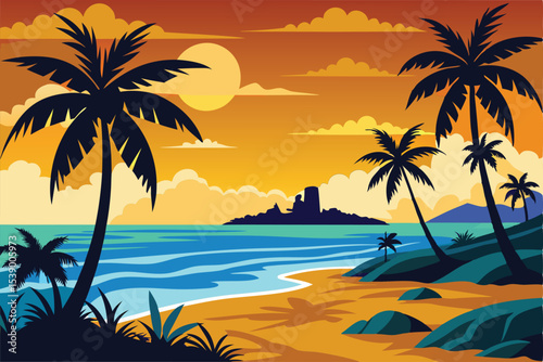 Sunset Paradise Tropical Beach Scene with Silhouetted Palm Trees and Ocean View
