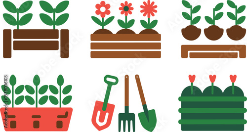 Vector illustration of gardening tools for garden plants in wooden planters and flower boxes icons set editable stock vector illustration