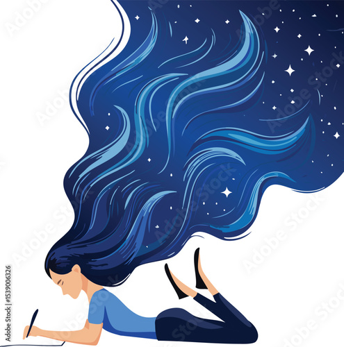 A minimalist vector illustration of a woman lying on her stomach while writing, with long dark blue flowing hair that transforms into a cosmic starry sky	
